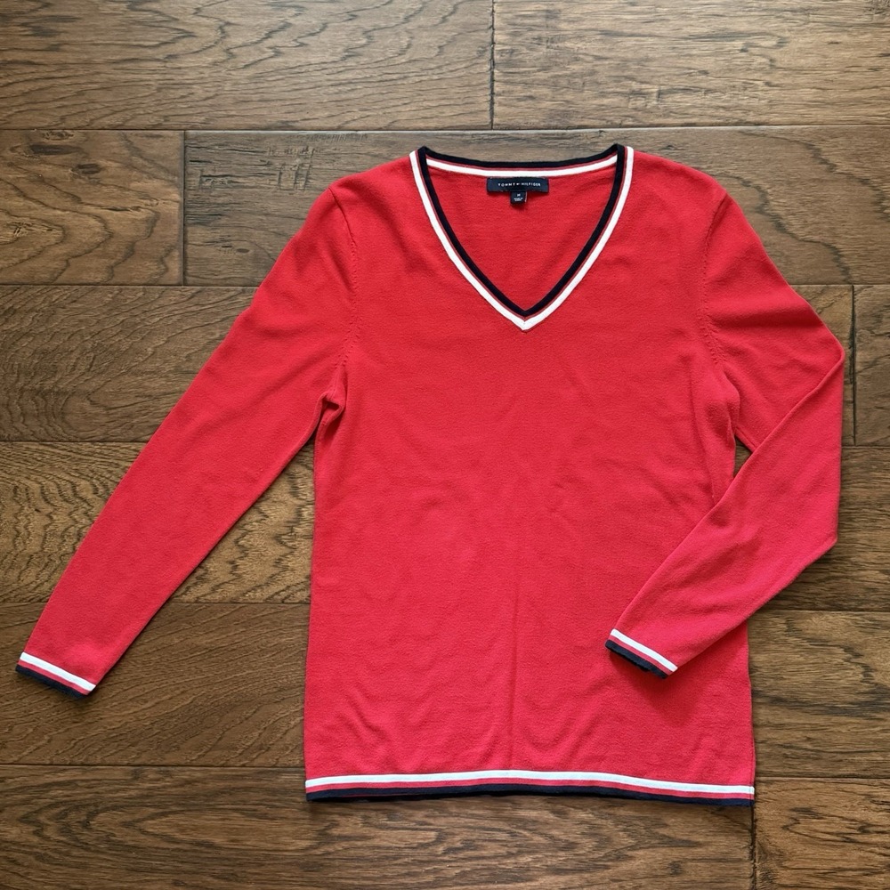Tommy Hilfiger V-Neck Sweater‎ Knit Striped Trim Preppy Casual Red Size M